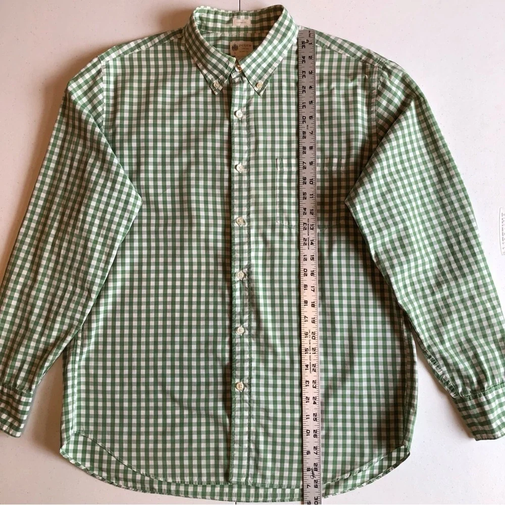 J Crew Gingham Washed Casual  Men's Green/White Dress Shirt Size L